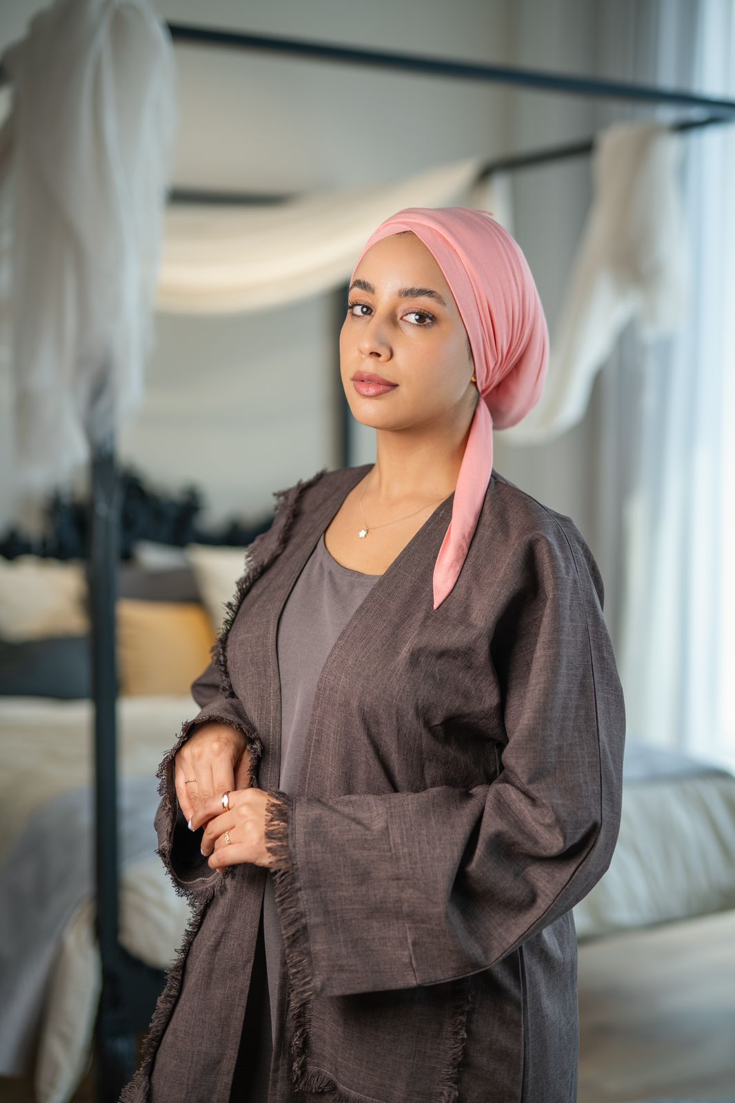 Cross front two tail turban -Pink
